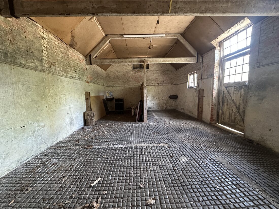 Rustic outbuilding interior with roof trusses